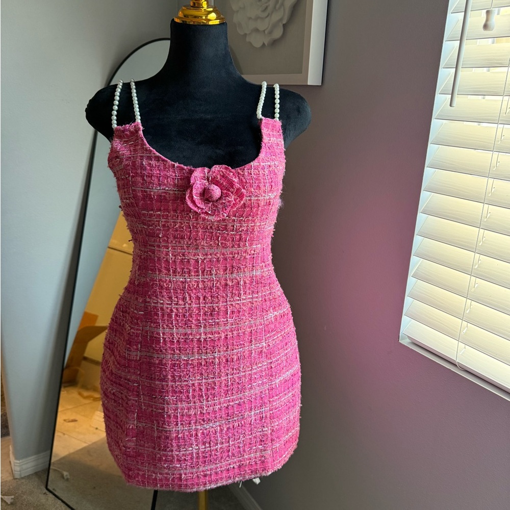 Pink Tweed Pearl-Strap Mini Dress with Flower Accent